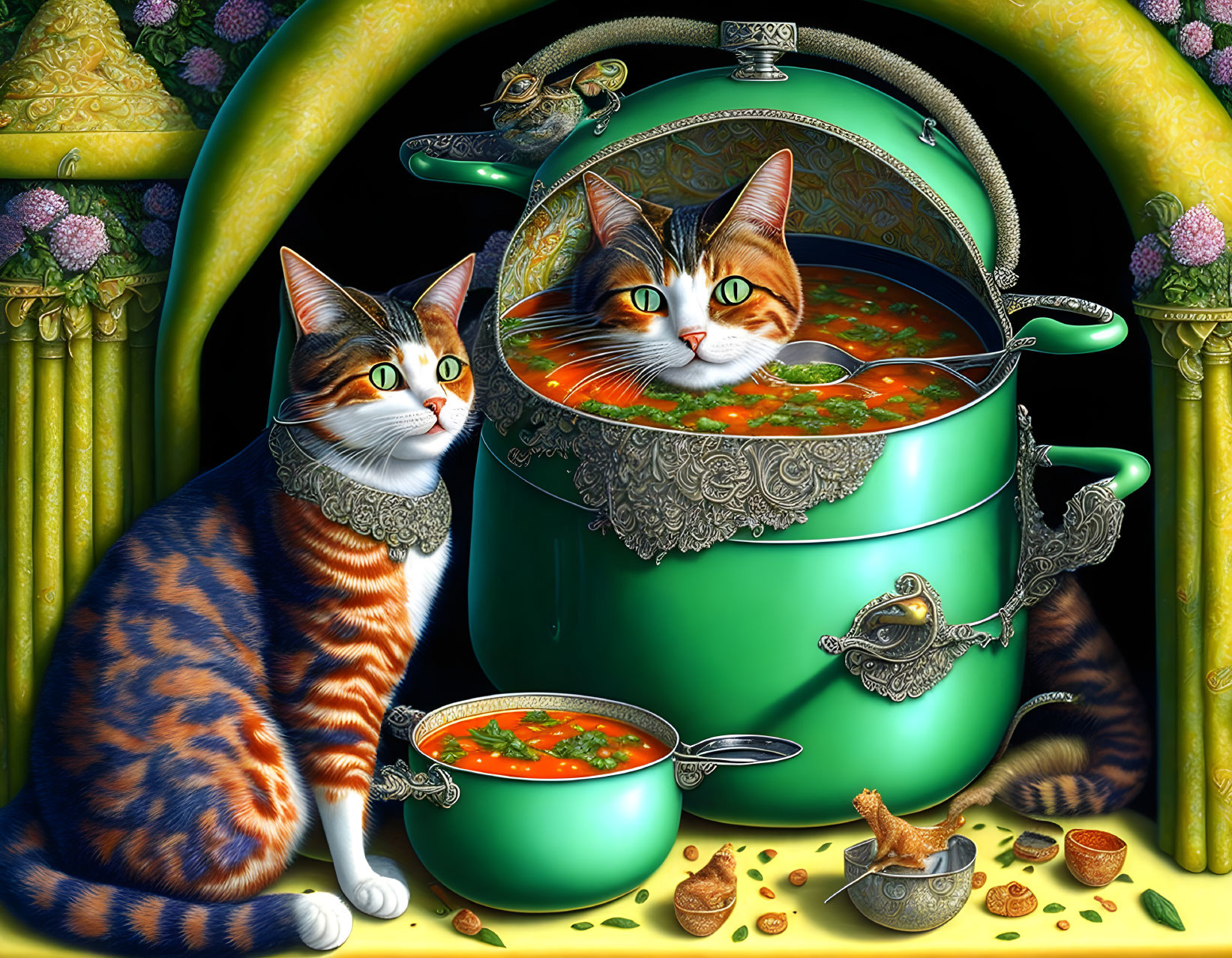 Realistic cats and soup pots with whimsical details on dark background