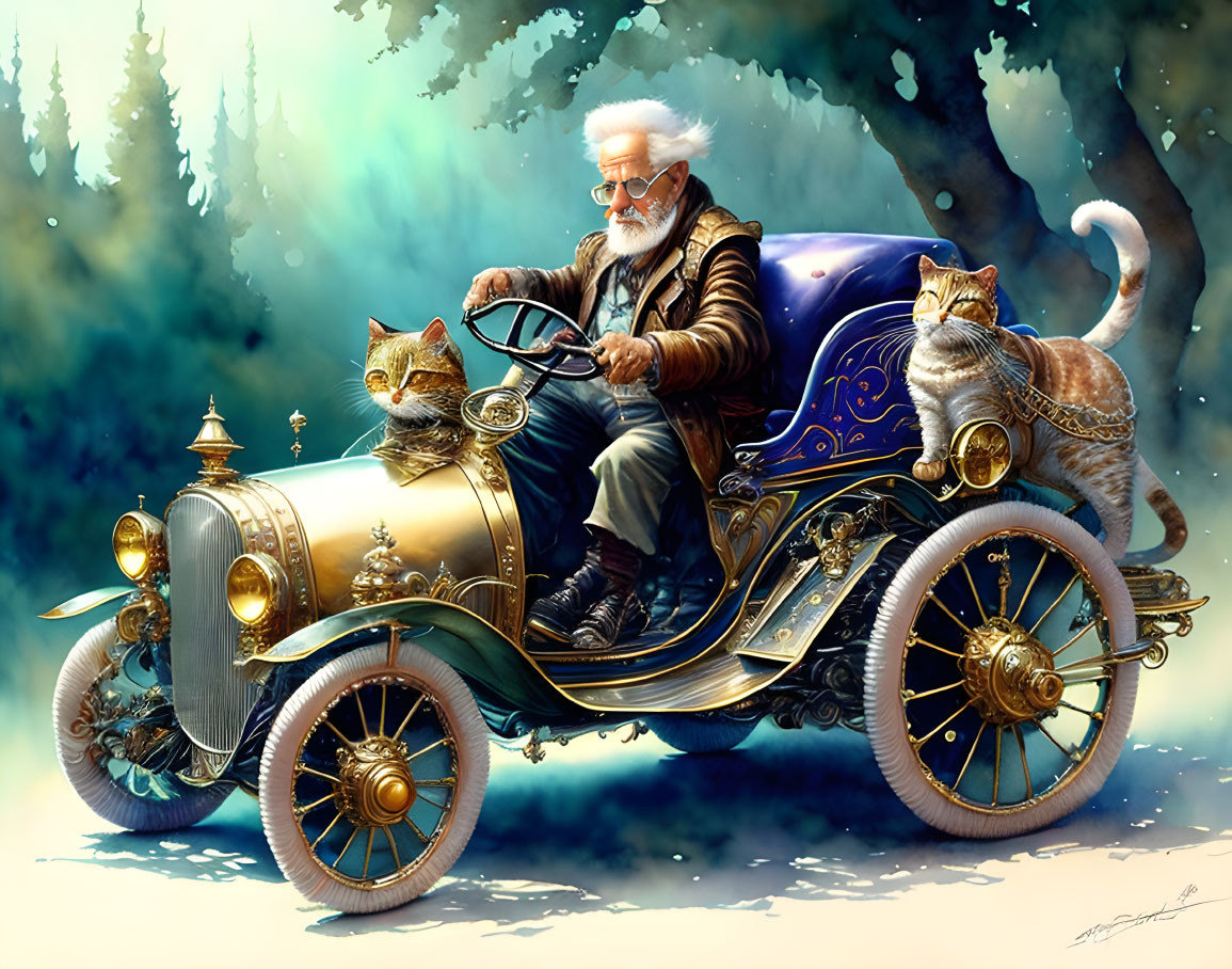 Elderly man with beard drives vintage car with gold accents, two cats in forest setting