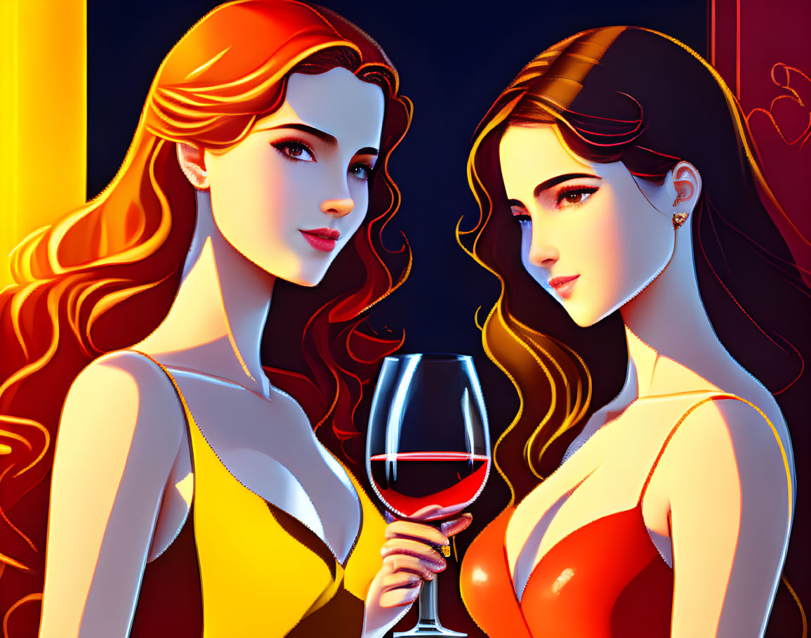 Vibrant women with colorful attire holding wine on red and blue background