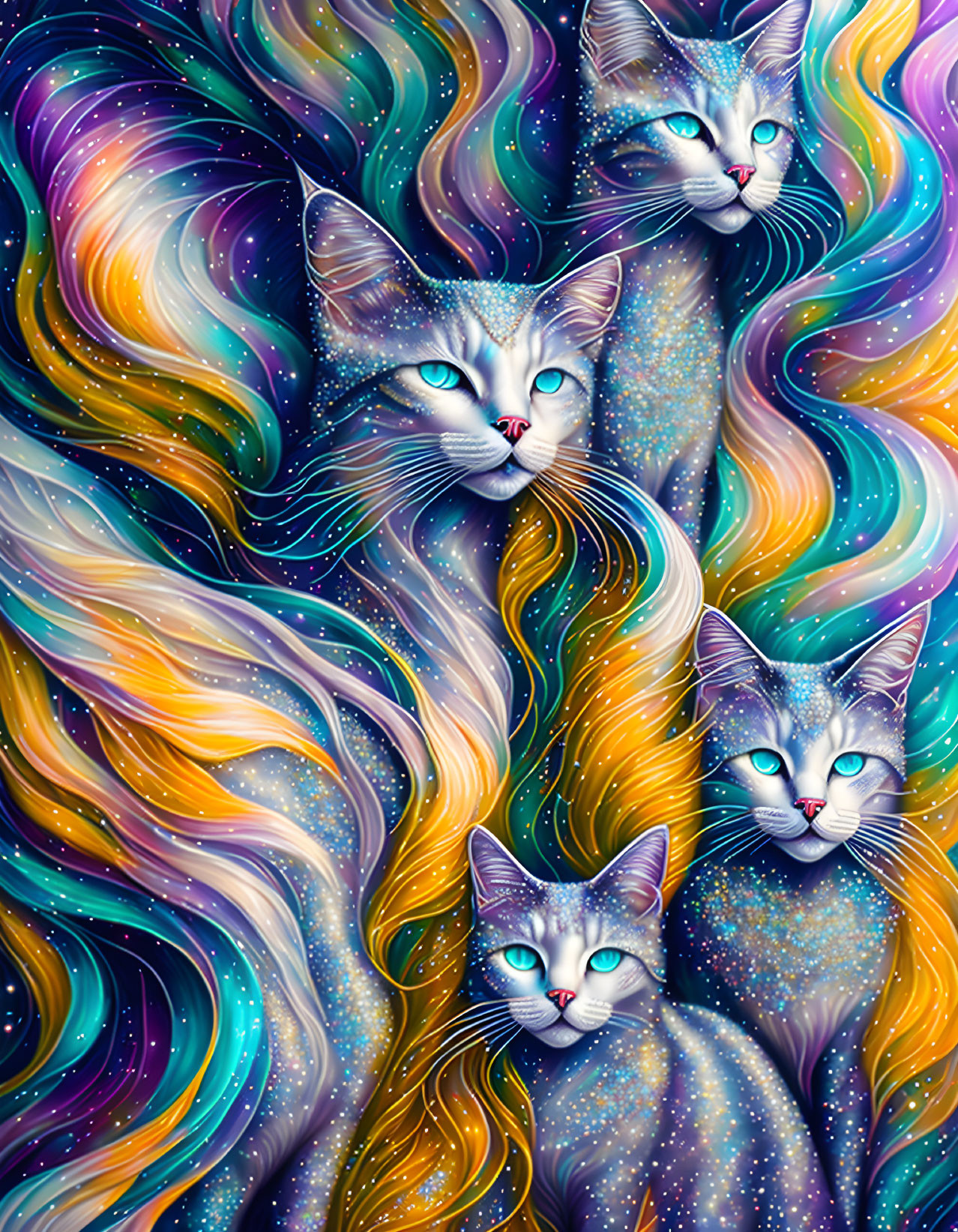 Vibrant illustration of blue-eyed cats with galaxy patterns