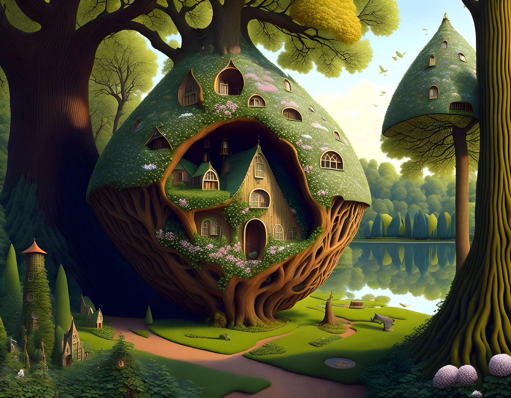 Intricate Fantasy Treehouses in Lush Forest Setting