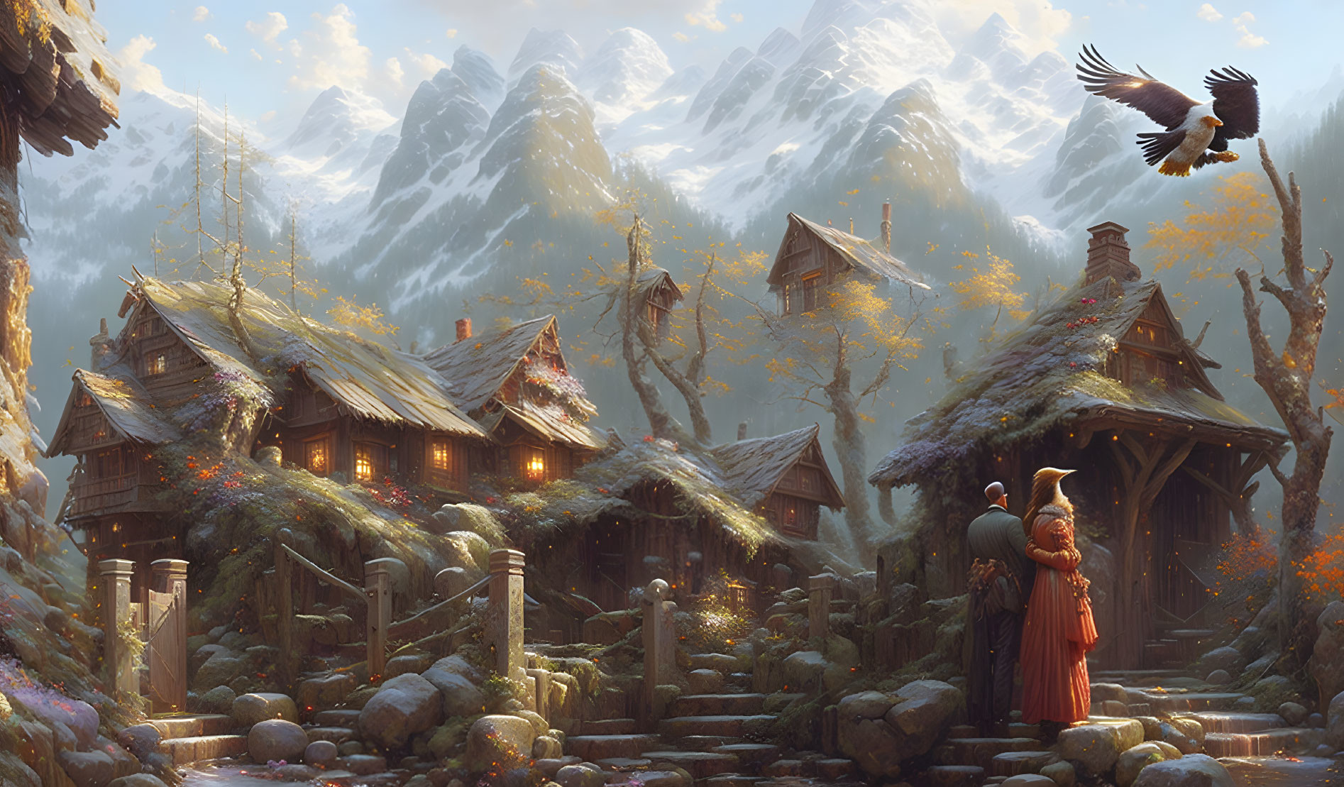 Scenic fantasy mountain village with illuminated cottages and eagle observation