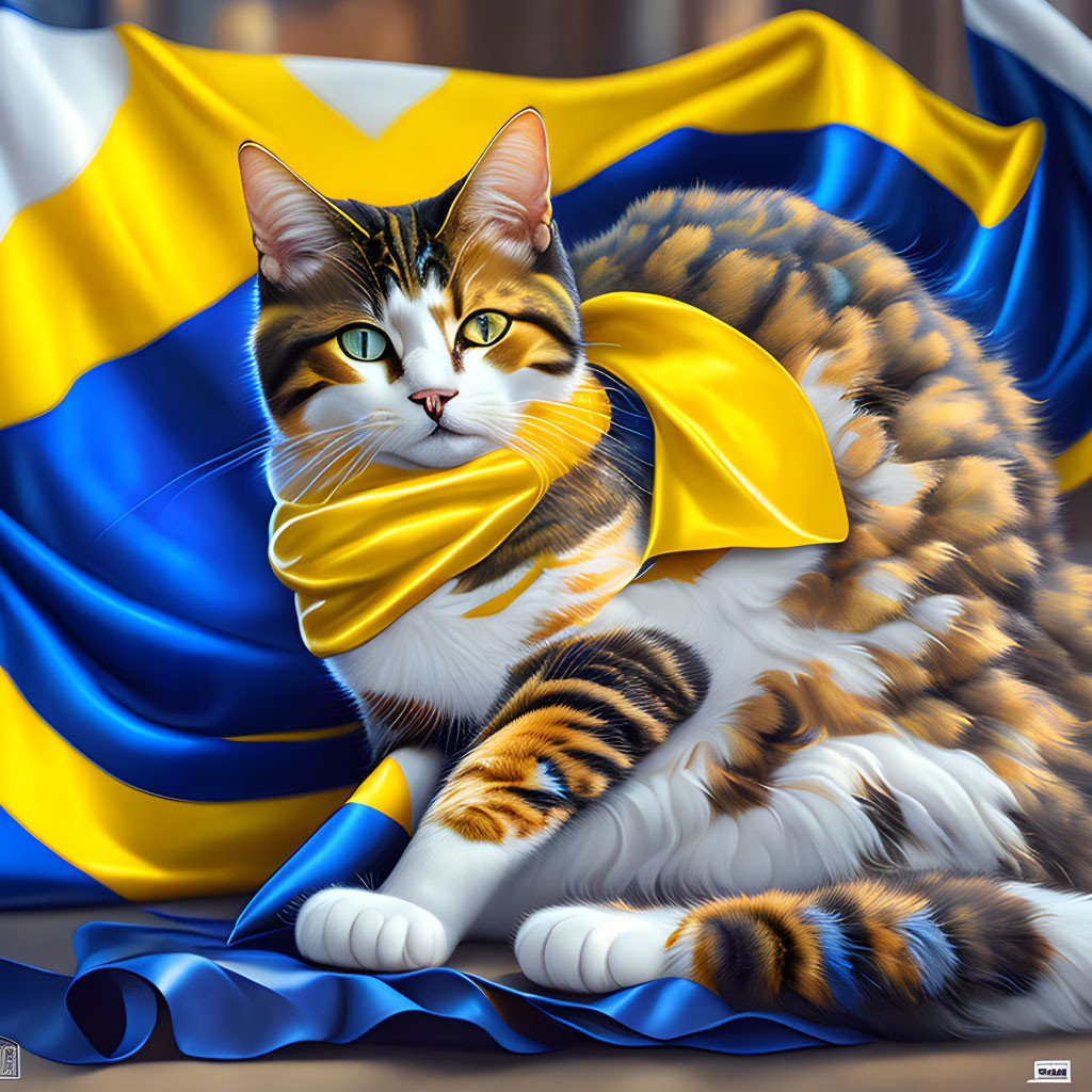 Tabby Cat with Vibrant Green Eyes in Blue and Yellow Fabric Draped as Cape