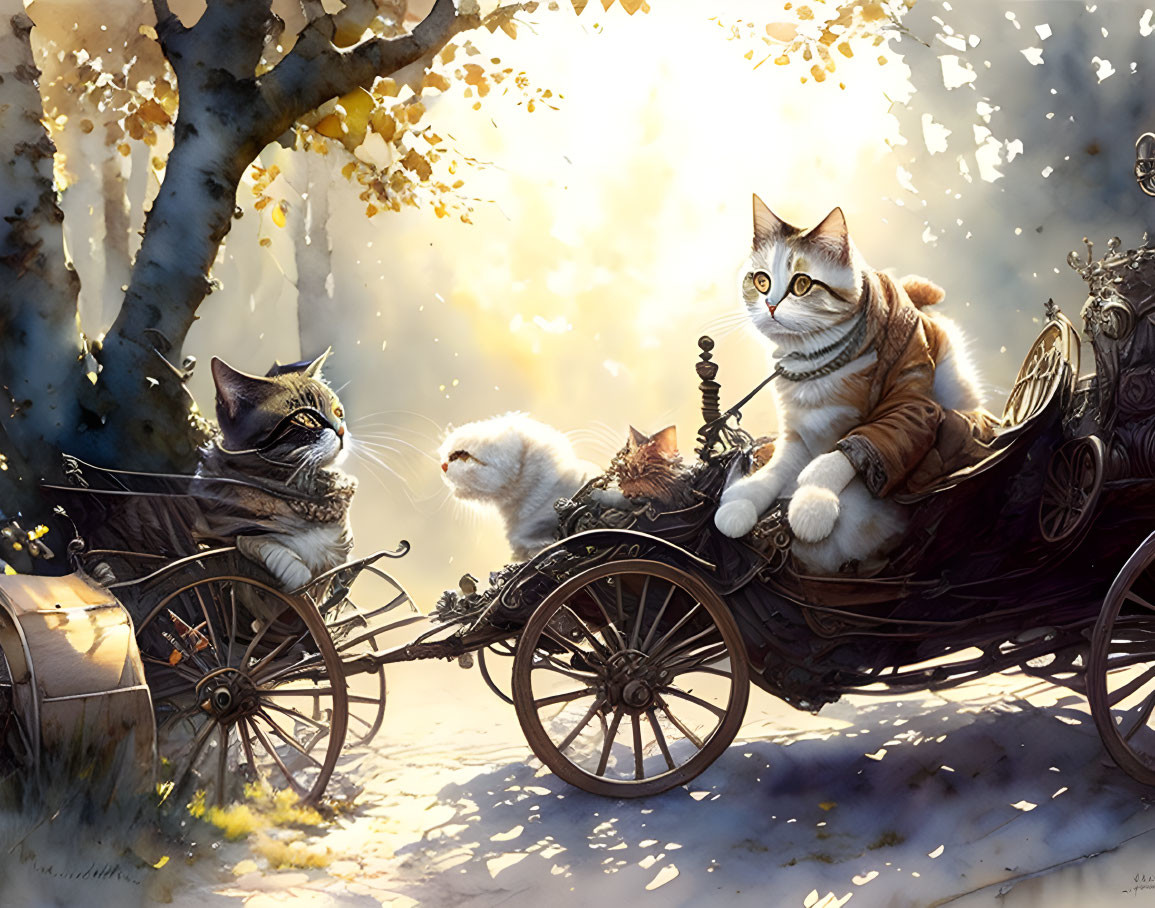 Anthropomorphic Cats in Carriage with Mice in Autumn Forest