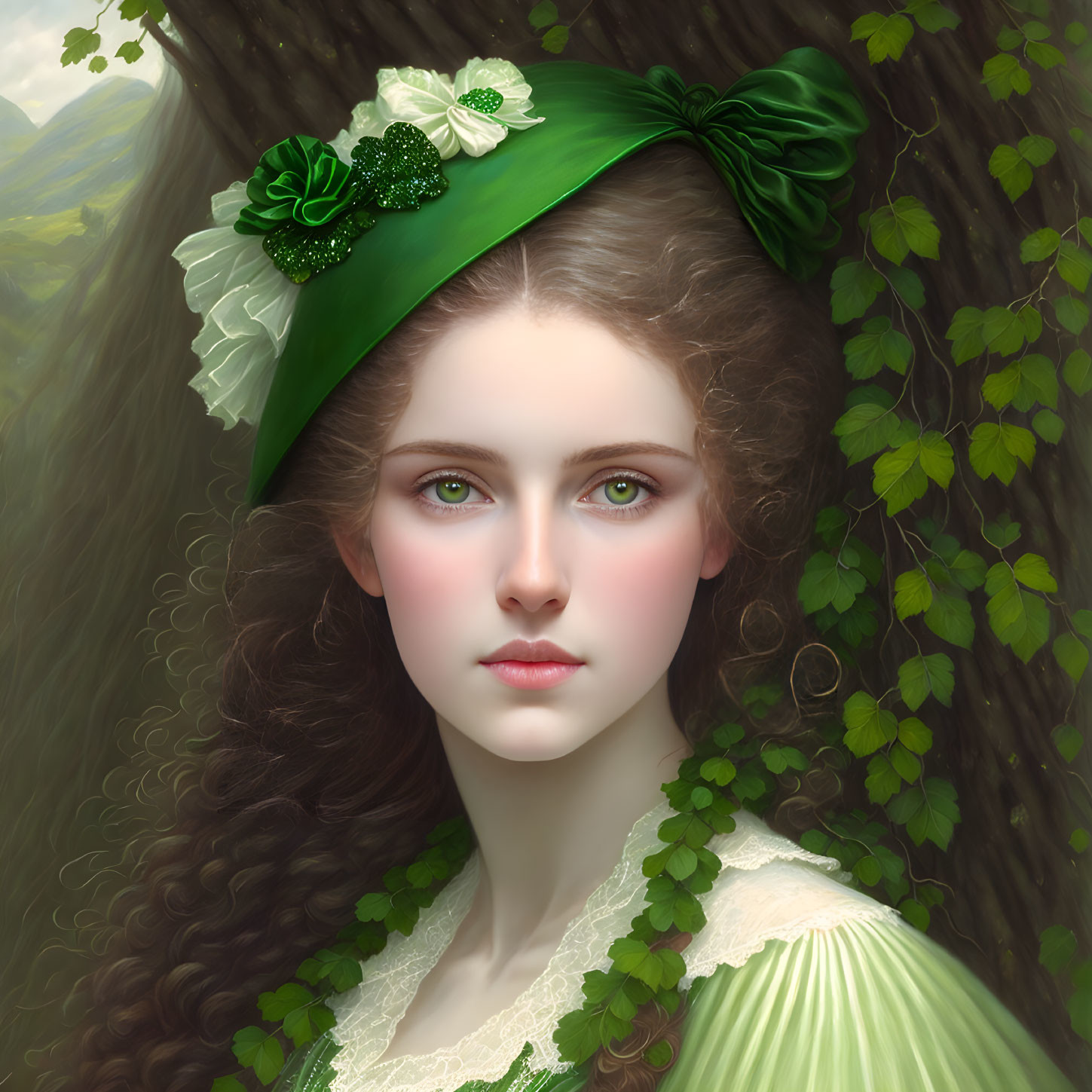 Young woman digital portrait with green headband and curly brown hair in nature setting