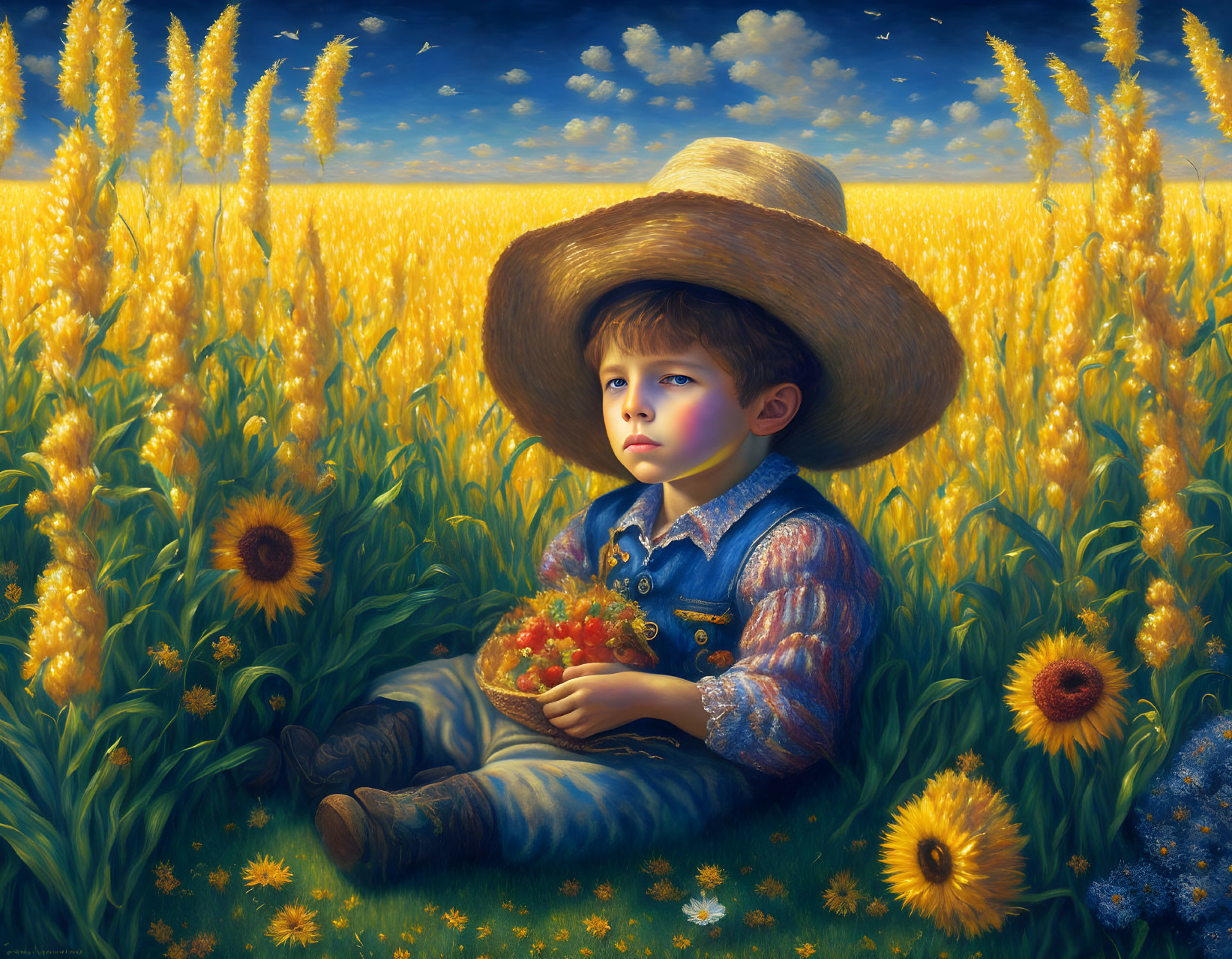 Boy with Large Hat Surrounded by Yellow Flowers Holding Red Bouquet