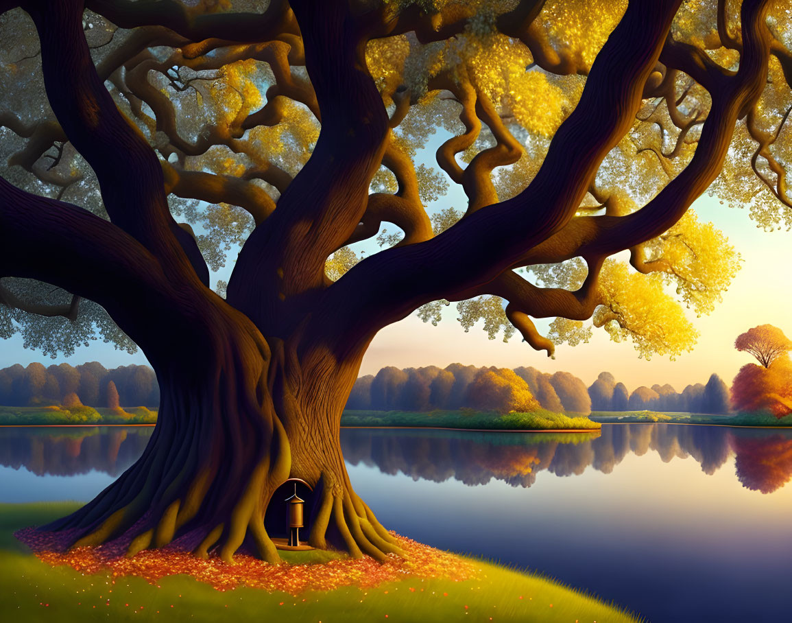 Majestic Tree with Golden Leaves by Tranquil Lake at Sunset