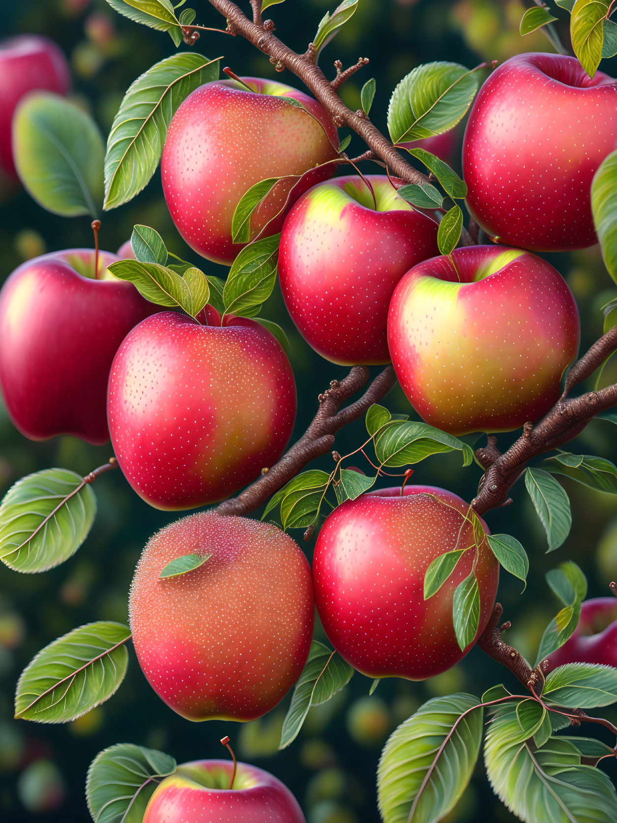 Fresh Red Apples on Dewy Tree Branch