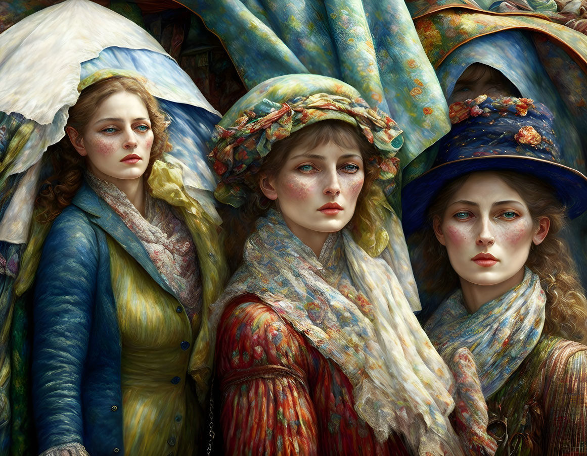 Vintage Attire: Three Women in Elaborate Hats and Scarves