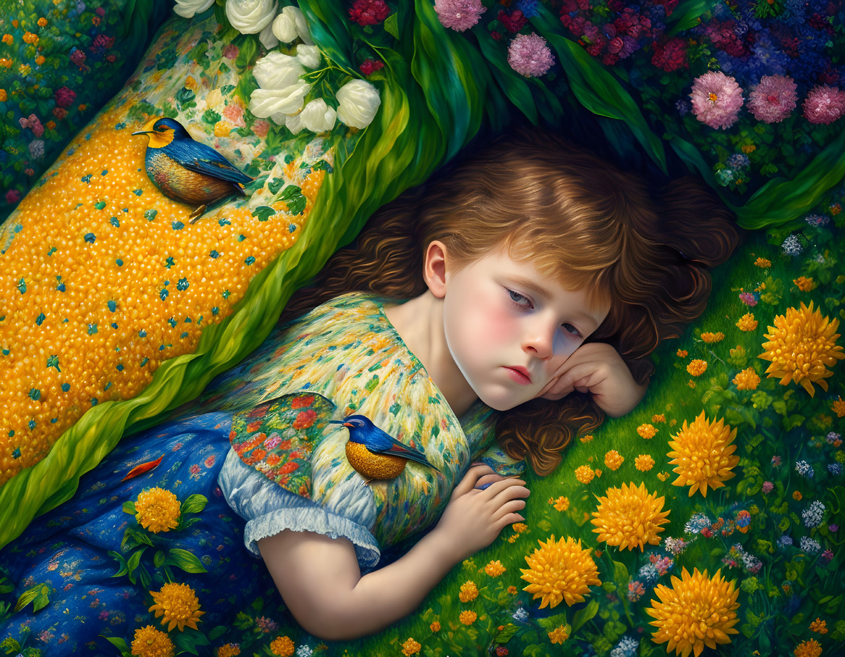 Peaceful young girl sleeping among flowers and birds in vibrant setting