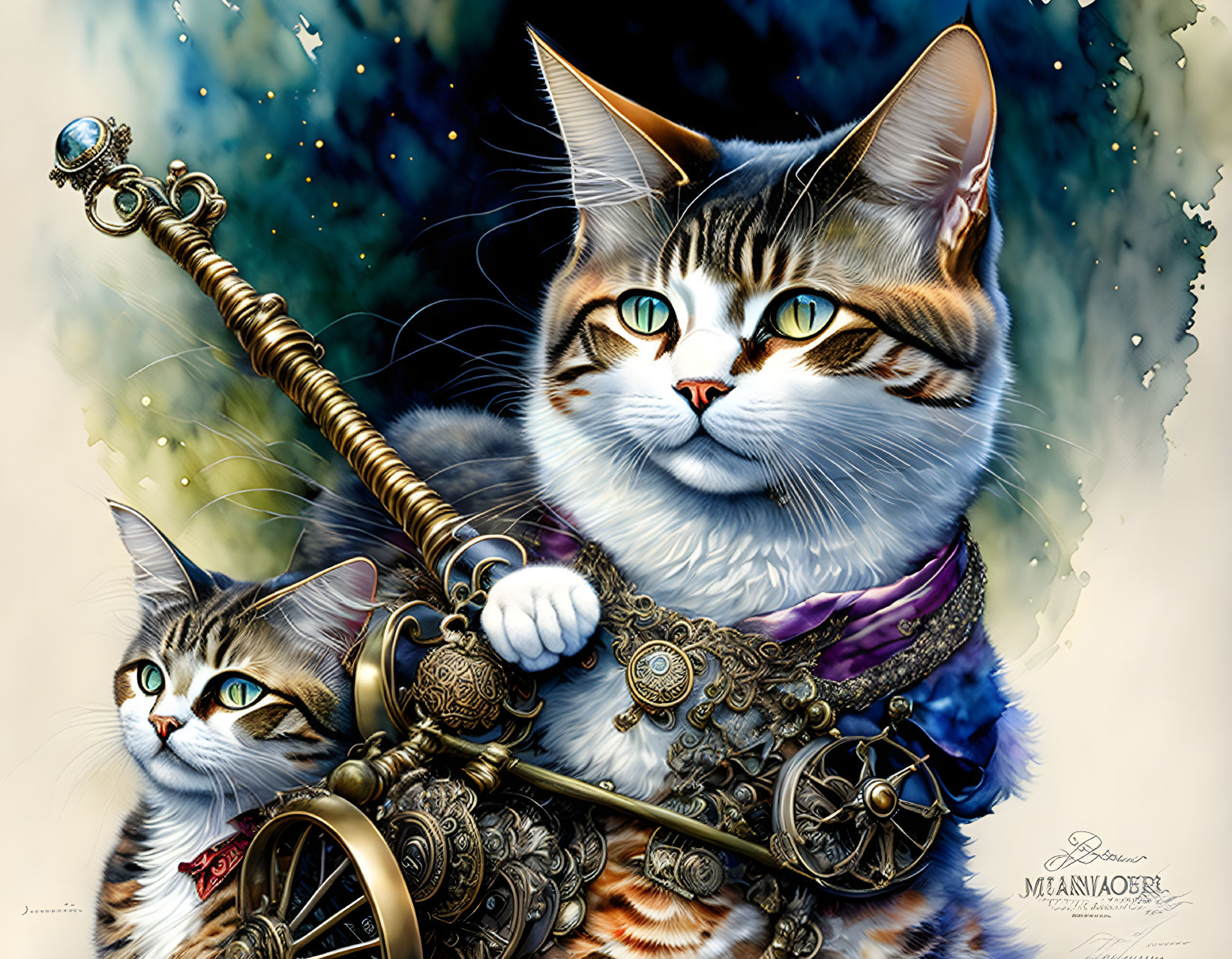 Detailed Steampunk Cat Illustration Against Cosmic Background