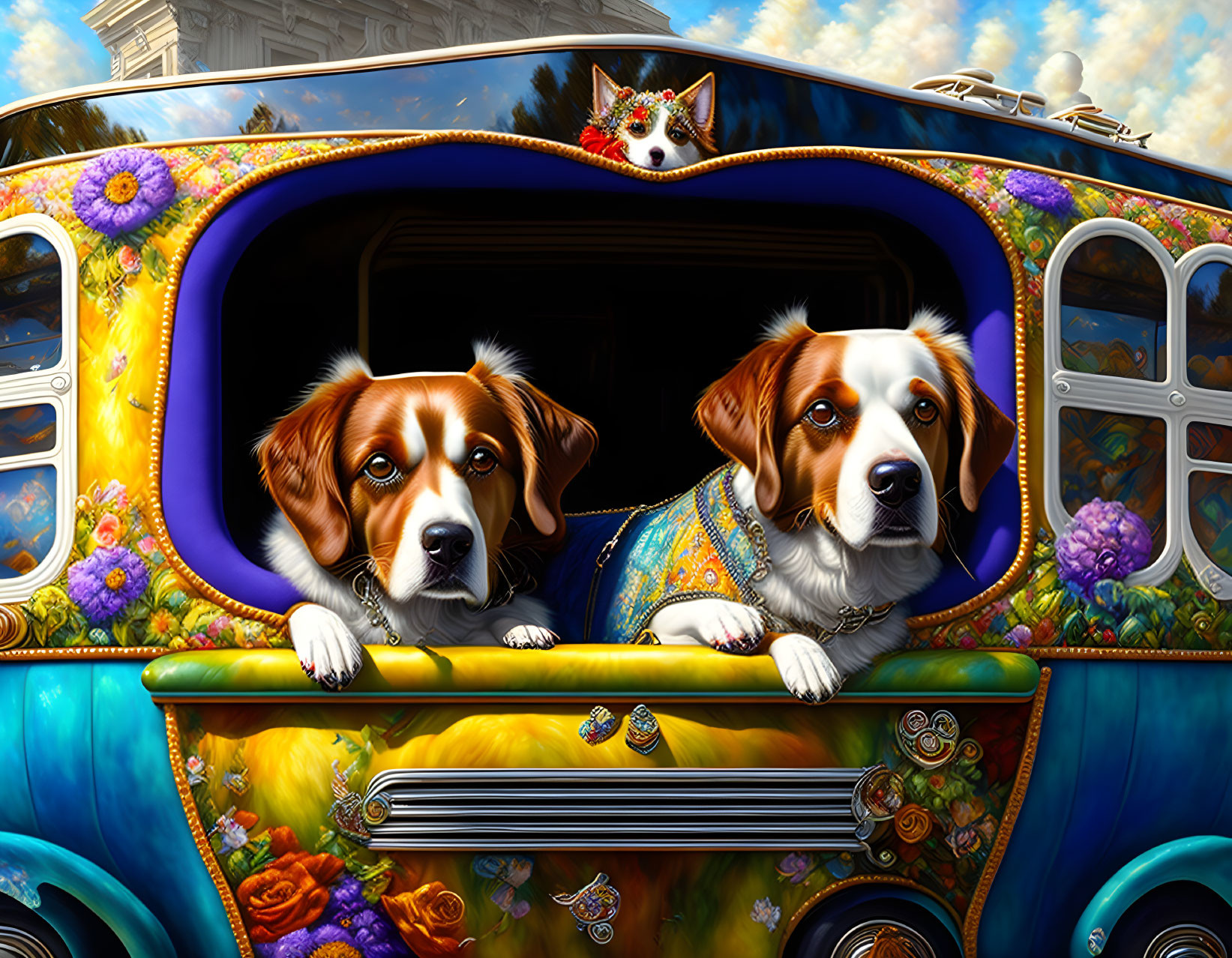 Colorfully dressed dogs in vintage vehicle with crowned cat