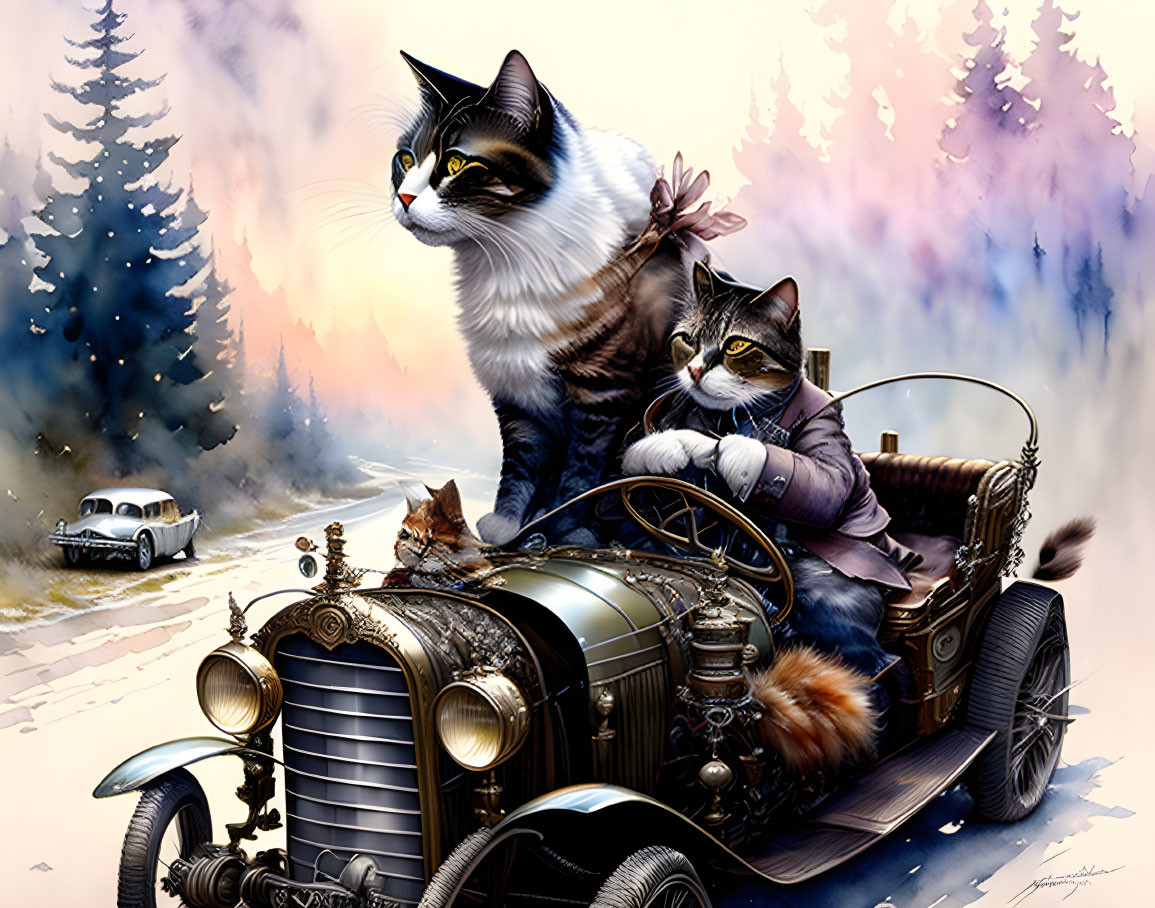 Three cats in vintage outfits driving old-fashioned car with forest backdrop.