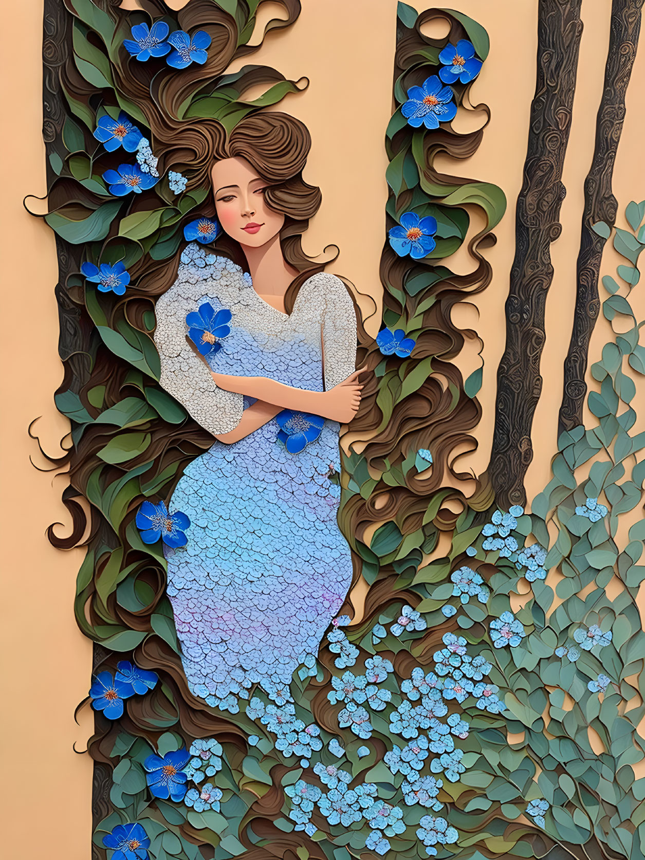 Stylized artwork of a woman with flowing hair amidst green vines and blue flowers