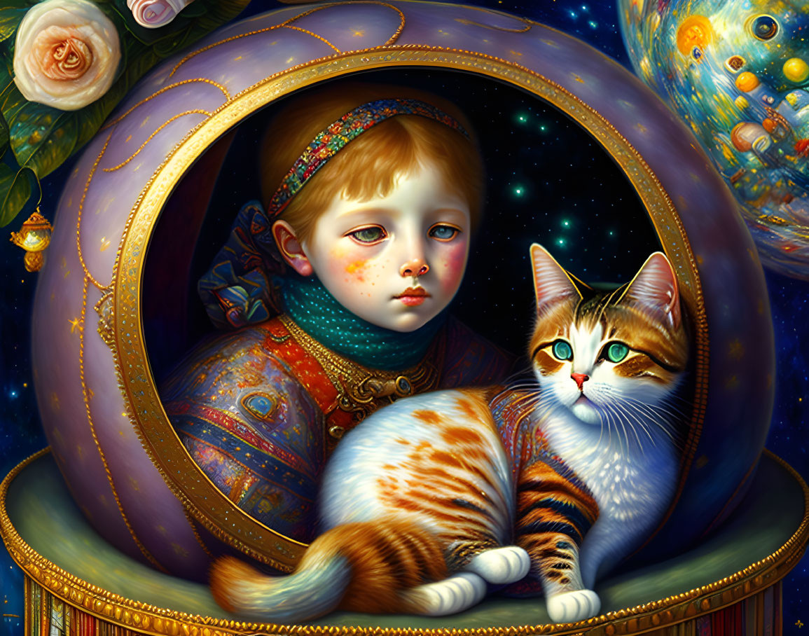 Child in Ornate Clothing Inside Cosmic Egg with Cat, Roses, Planets, and Lanterns