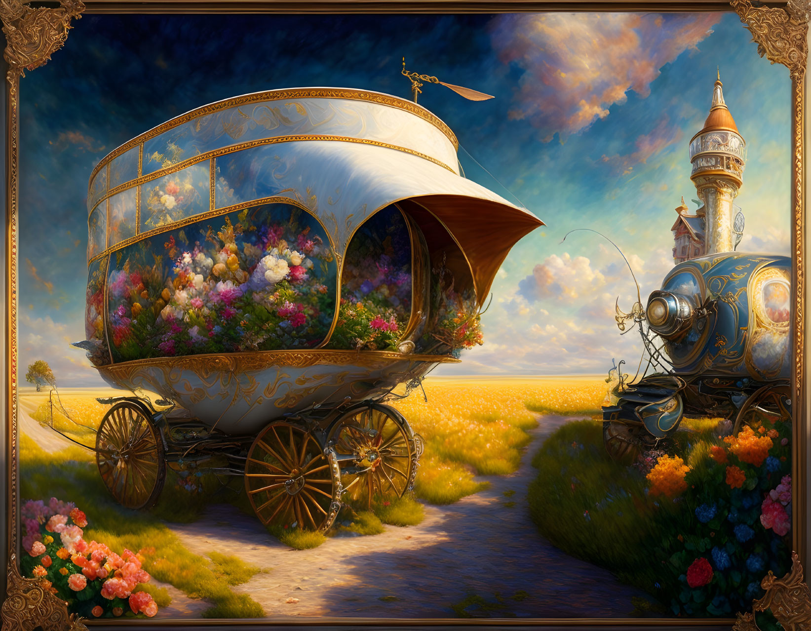 Ornate carriage surrounded by flowers in lush meadow with tower