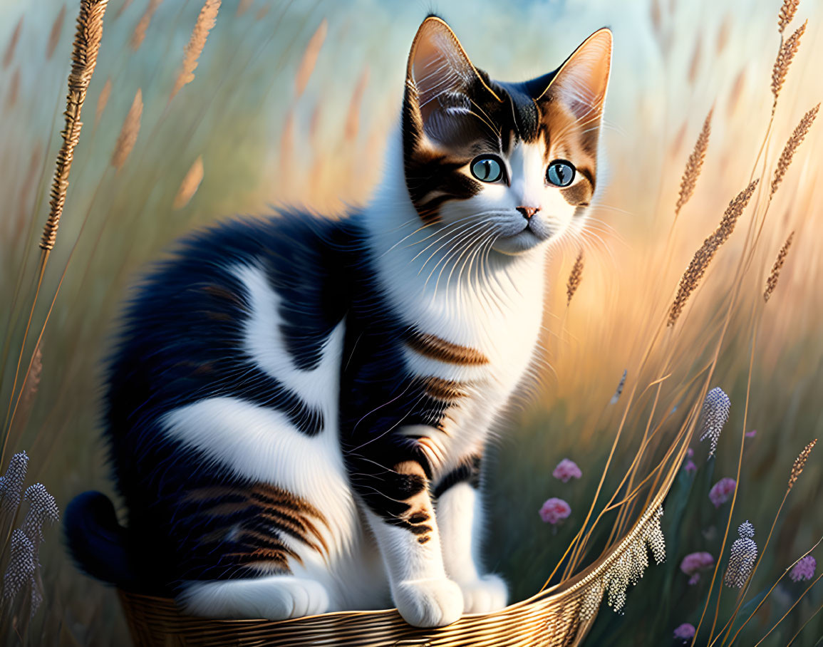 Calico Kitten in Basket Surrounded by Wheat and Flowers