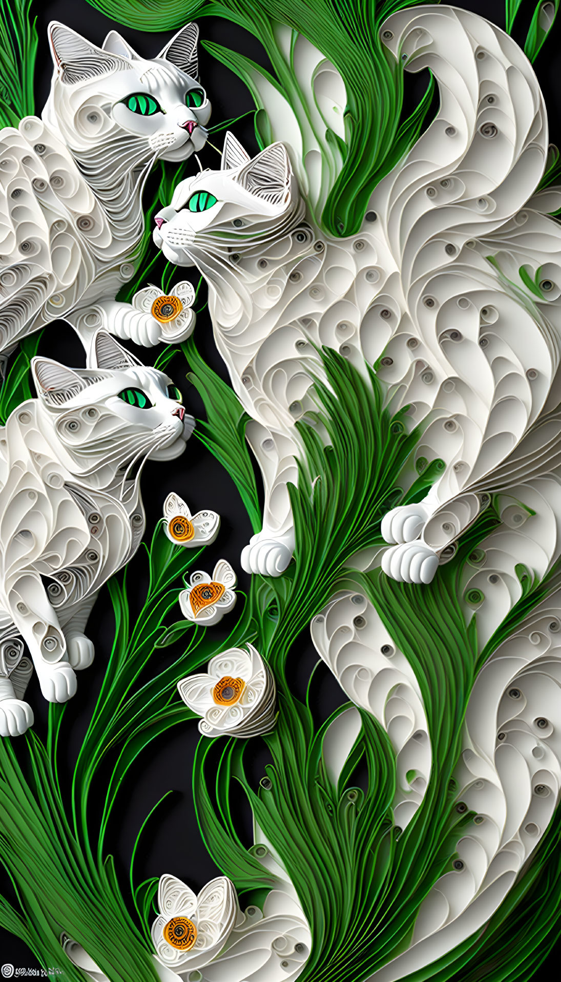 Stylized digital art: Three white cats in green flora