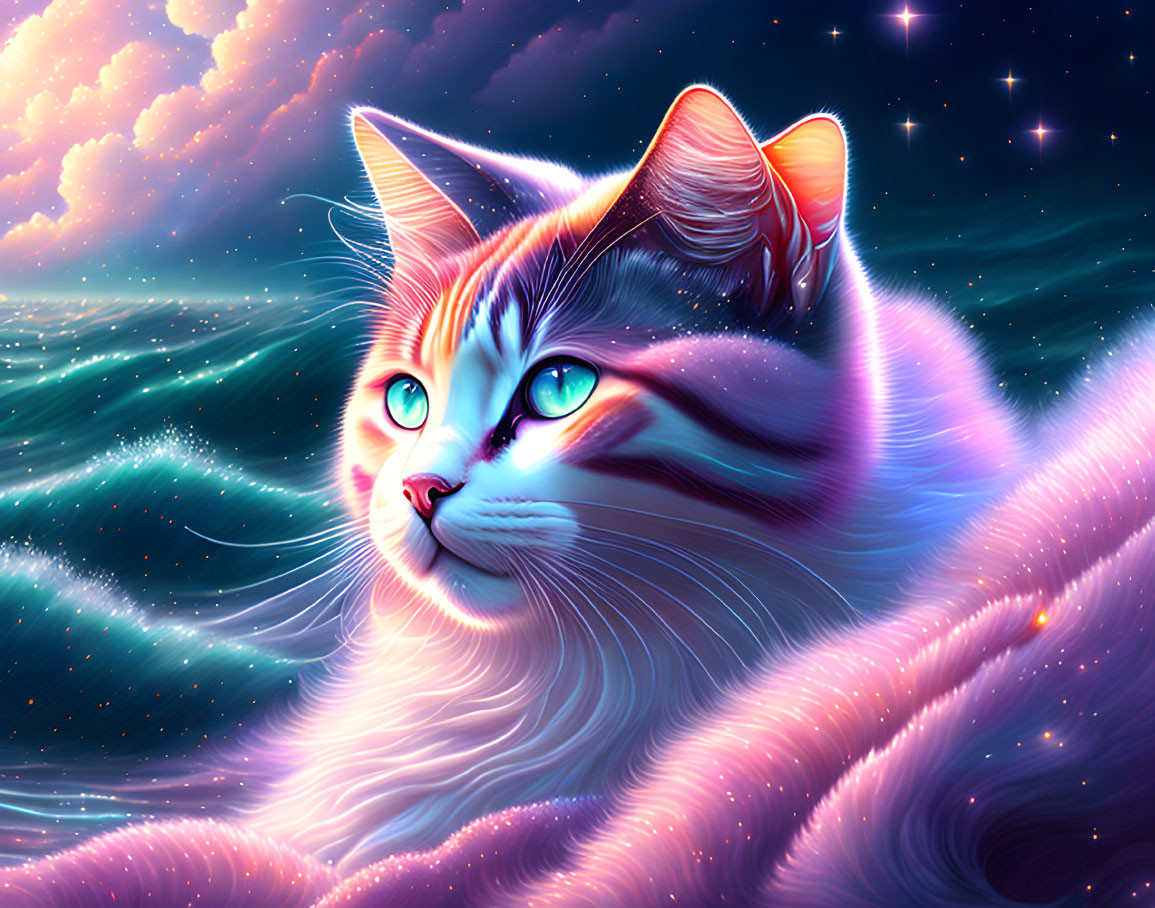 Majestic cat with blue eyes in cosmic setting