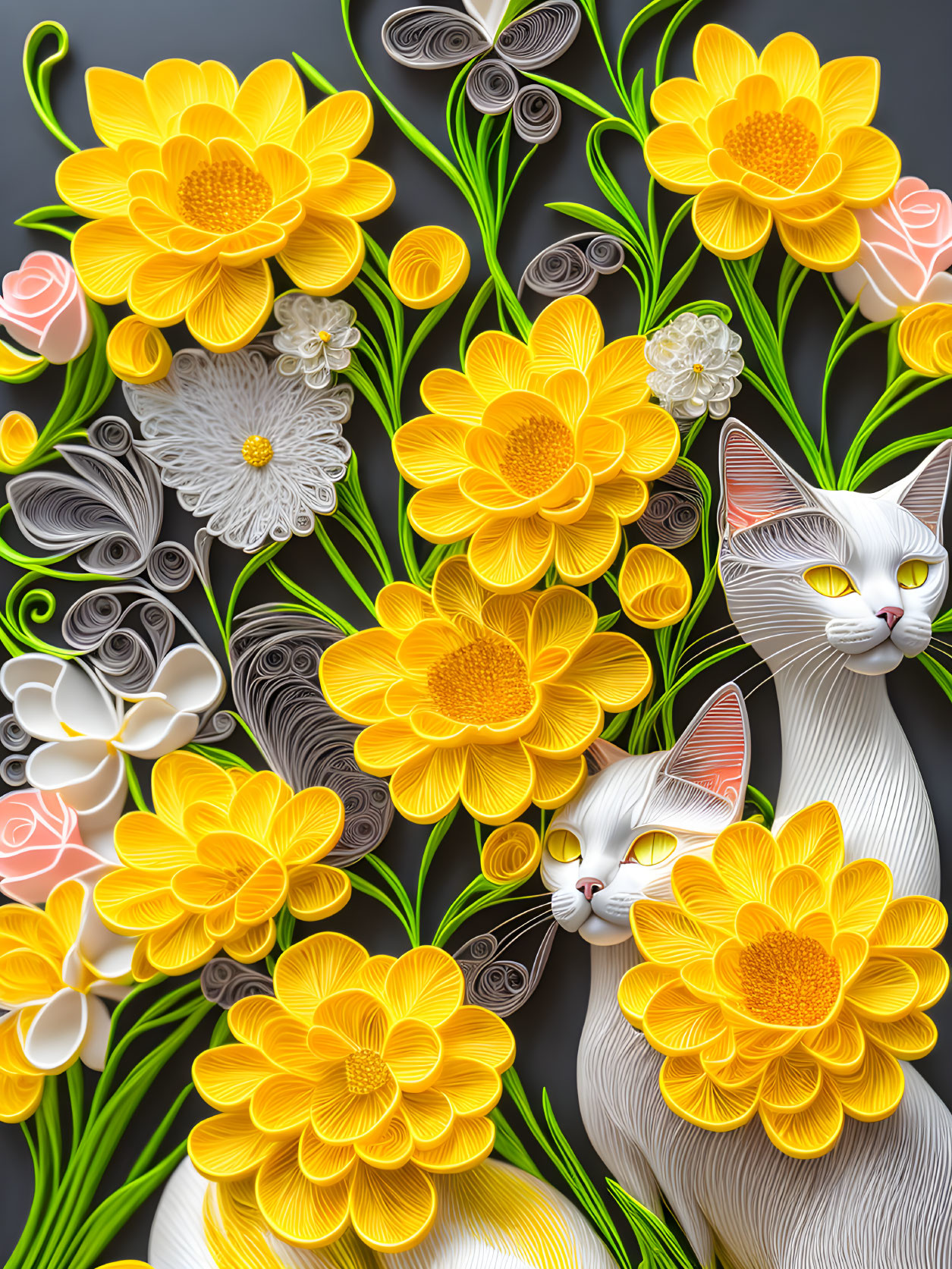 Detailed paper art: Yellow flowers, white cats with floral patterns, delicate quilled elements