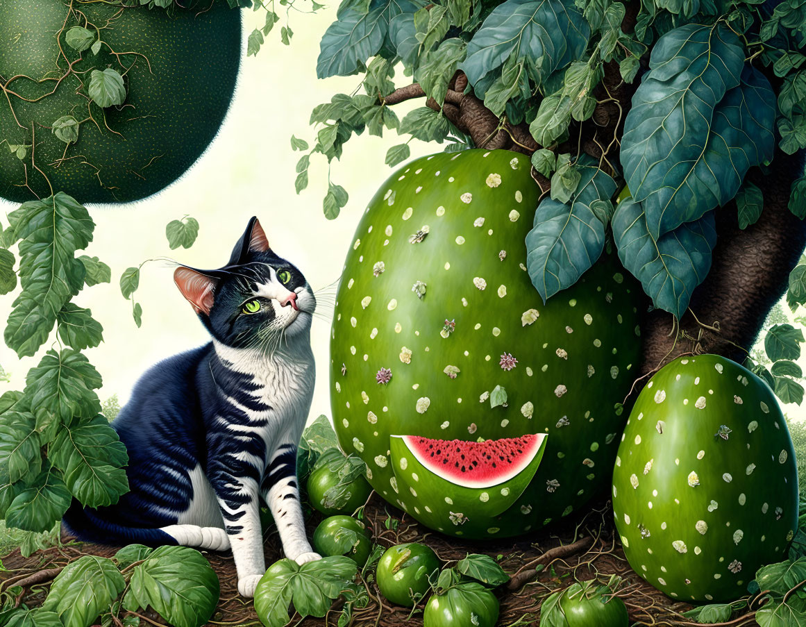 Whimsical cat and watermelon tree artwork.