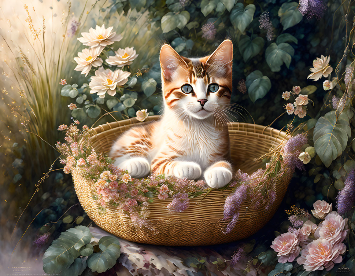 Orange-and-white cat in wicker basket with lush flowers and greenery