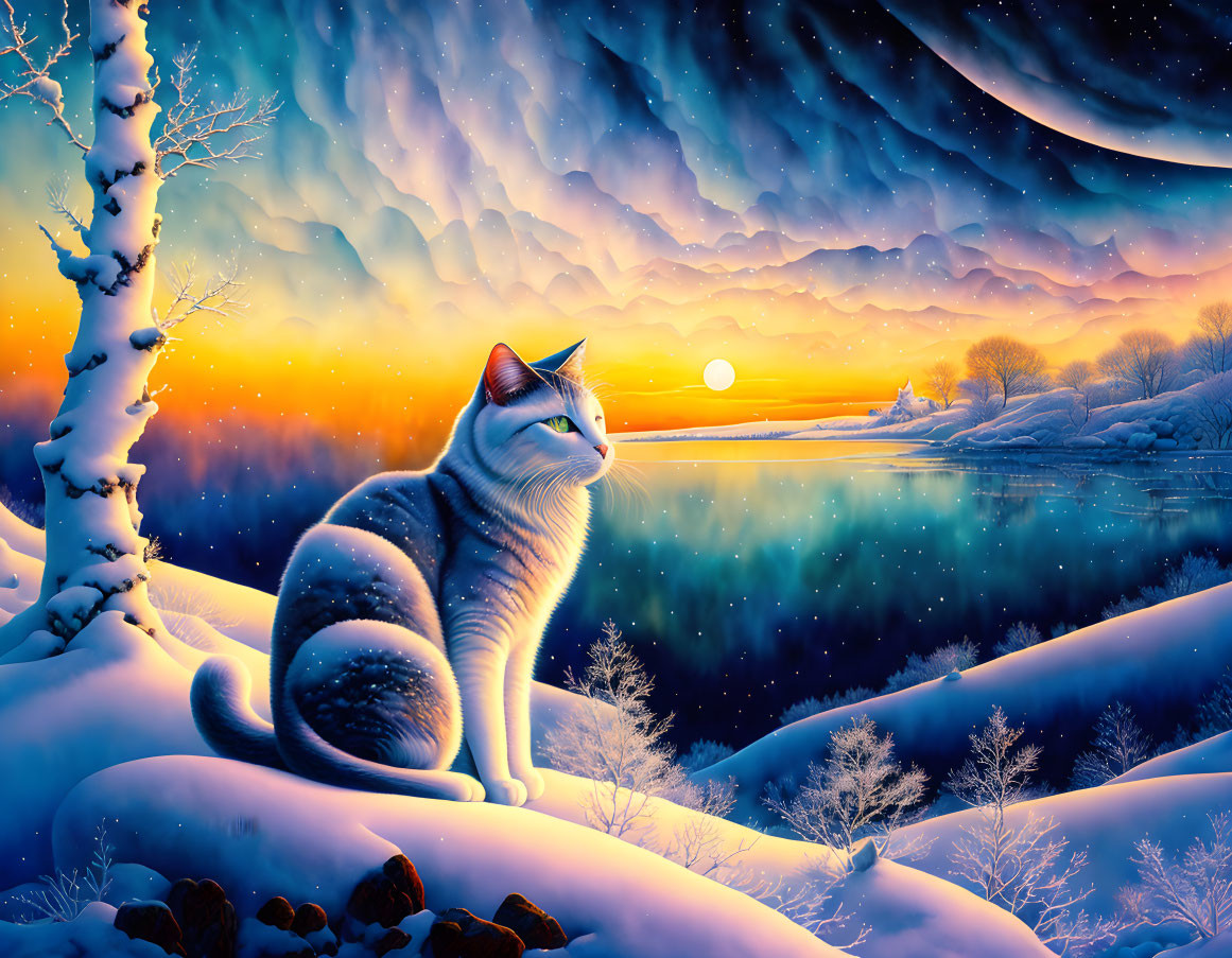 Snowy Hillside Cat Overlooking Serene Lake at Sunrise