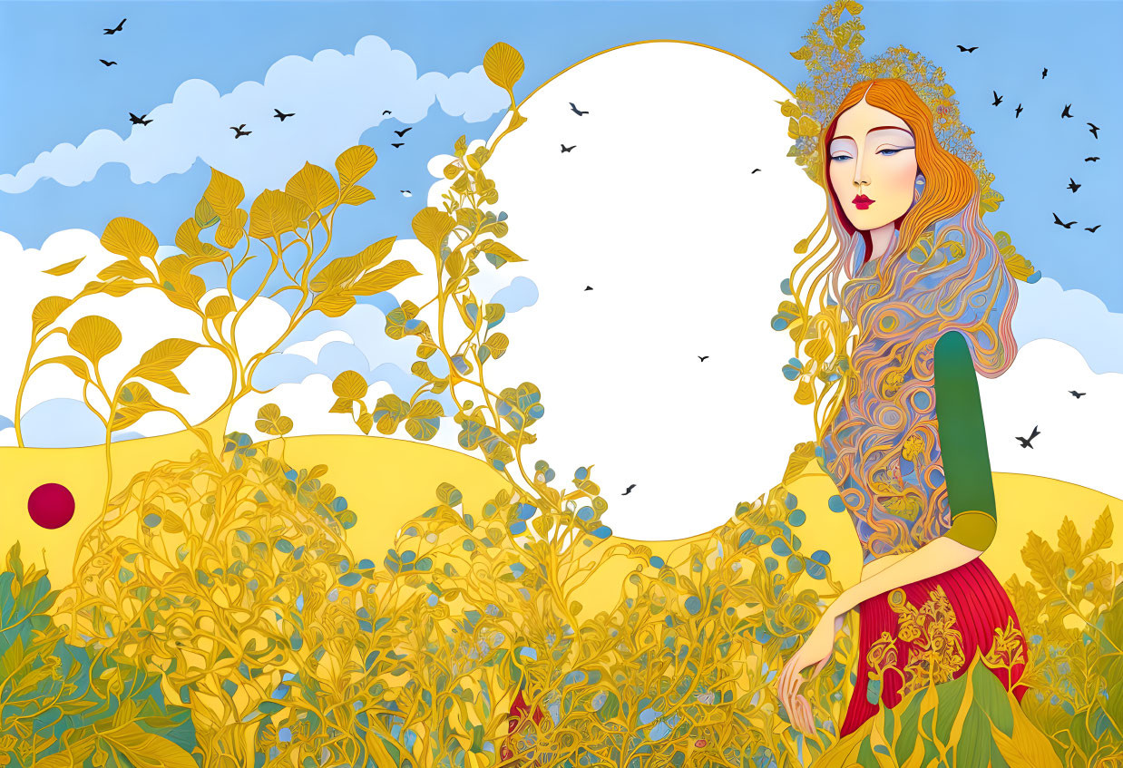 Elaborately patterned woman surrounded by golden plants under a blue sky with birds and a large sun