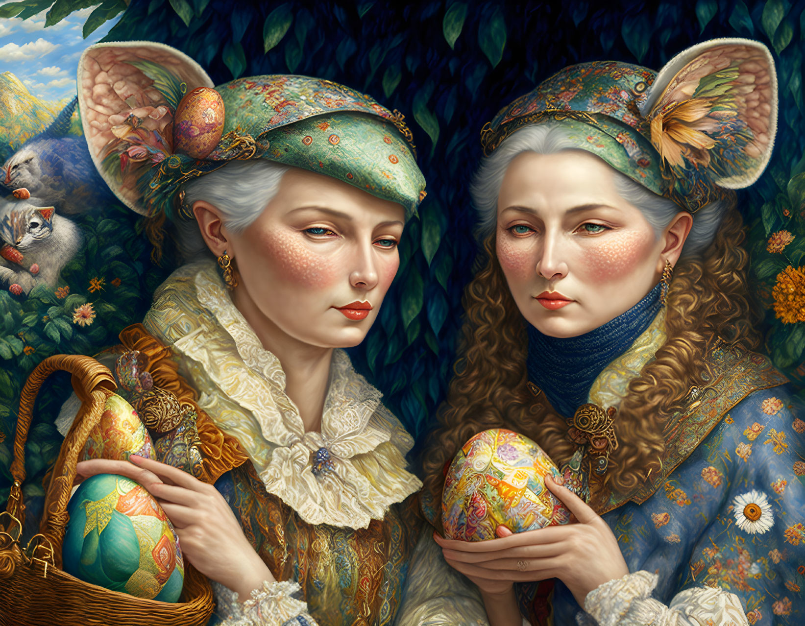 Two women in Renaissance attire with mouse ears holding ornate eggs in lush floral setting