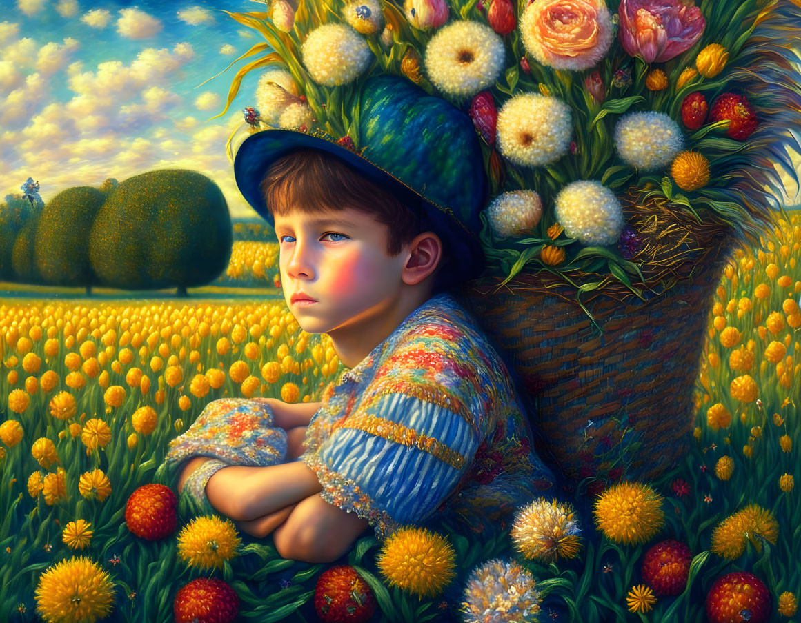 Boy in Floral Hat Contemplating in Vibrant Yellow Flower Field