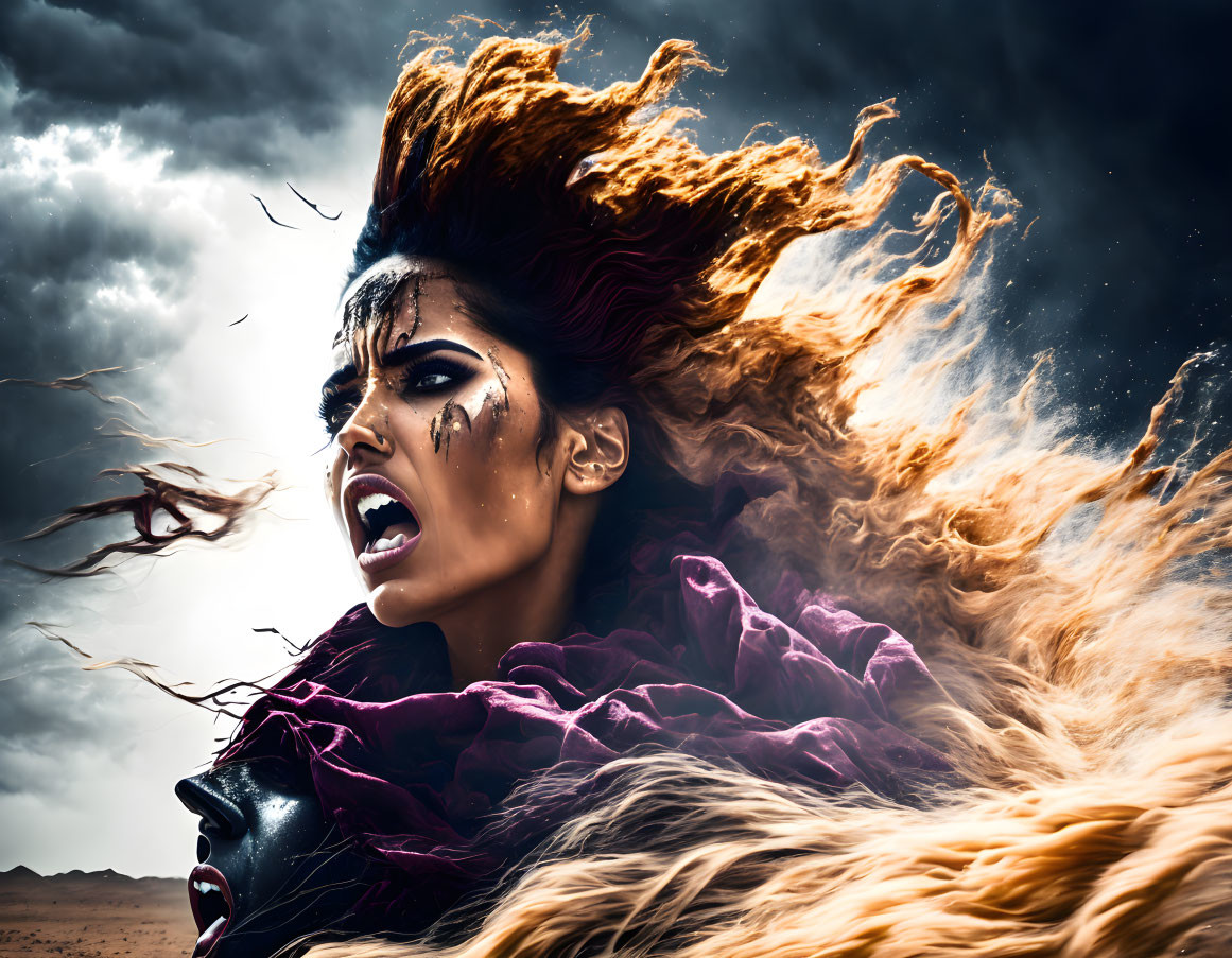 Fiery-red haired woman with intense makeup in stormy desert portrait.