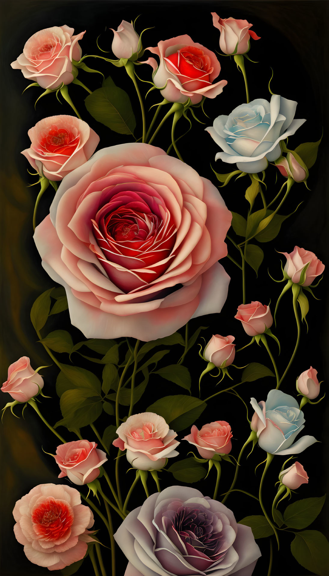 Assorted roses in different stages of bloom on dark background