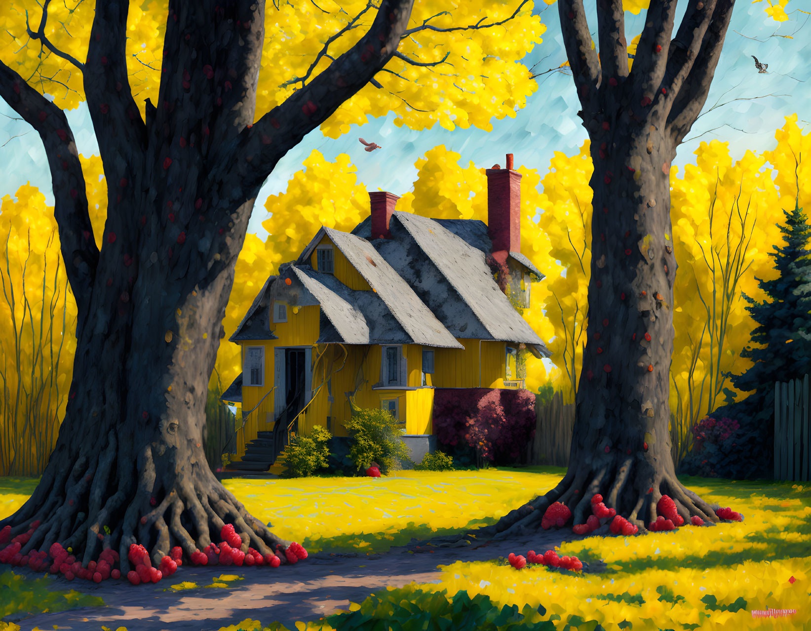 Colorful digital painting of a yellow house surrounded by trees and flowers