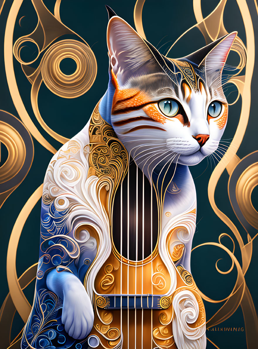 Stylized cat illustration with guitar-patterned body on gold and blue swirls