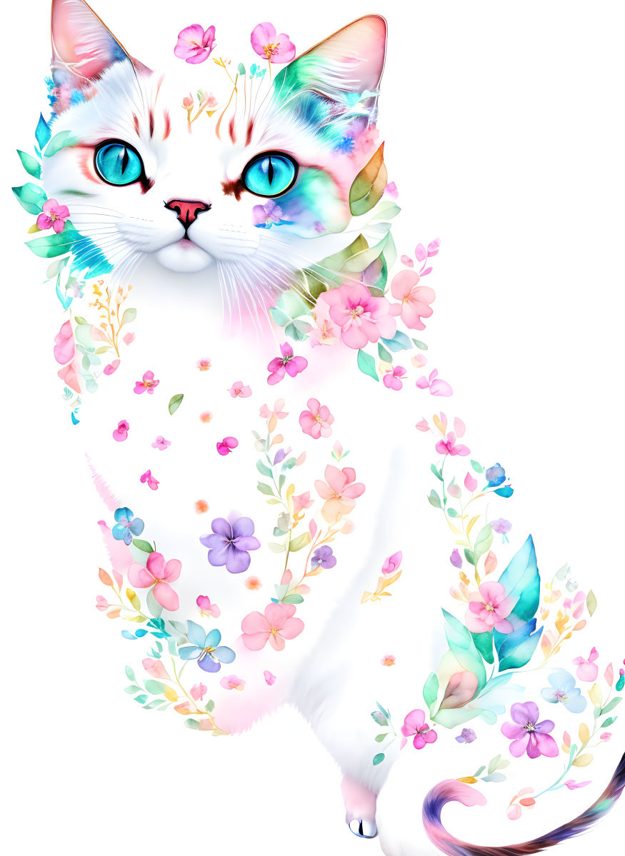 Vibrant floral cat illustration with multicolored eyes