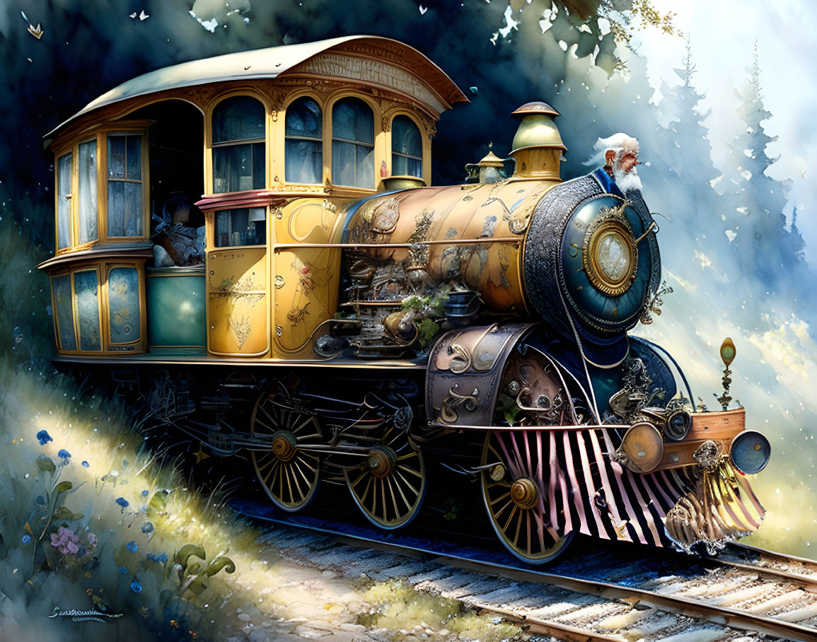 Detailed vintage steampunk-style train illustration in forest setting