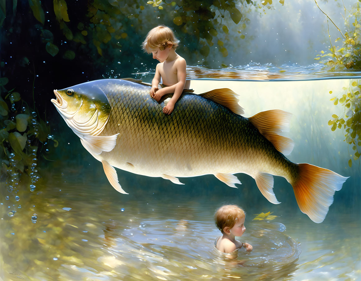 Fantastical image: Children on giant fish in lush waters