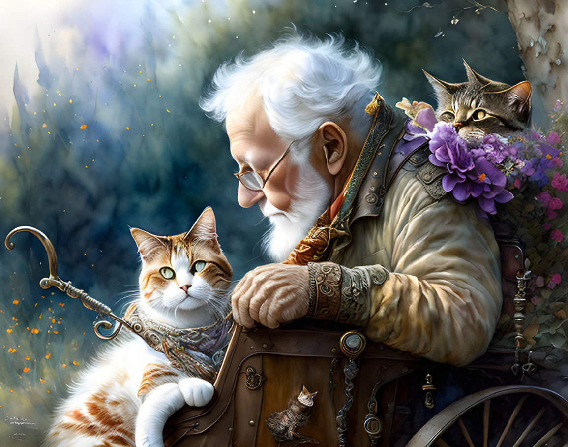 Elderly man with white beard, staff, and cats in whimsical forest