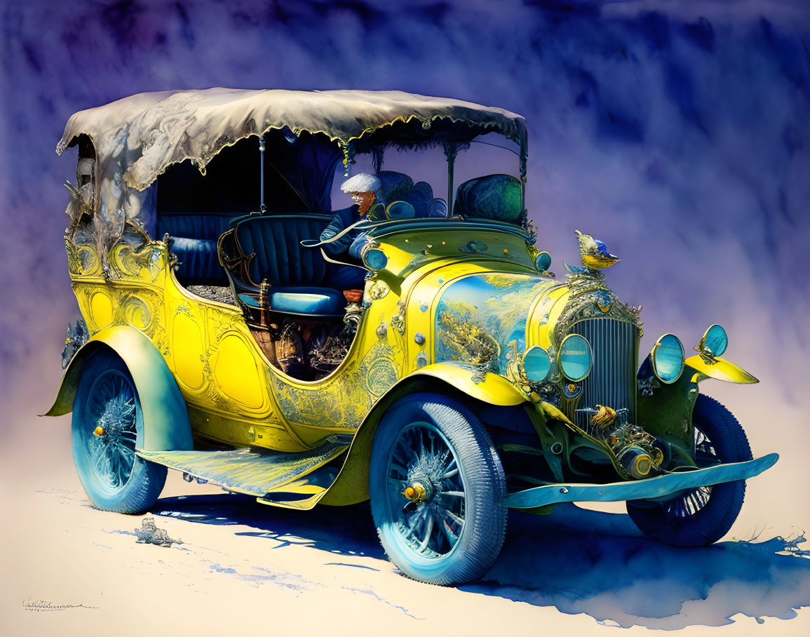 Vintage Yellow Car with Intricate Designs and White-Walled Tires on Blue and Purple Background