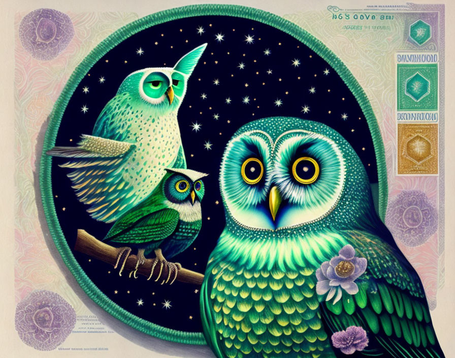 Three stylized owls with intricate patterns on decorative background.