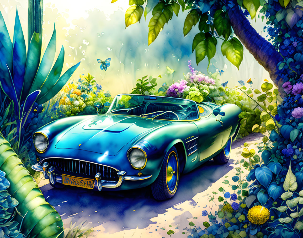 Blue Sports Car in Lush Forest with Flowers and Butterfly