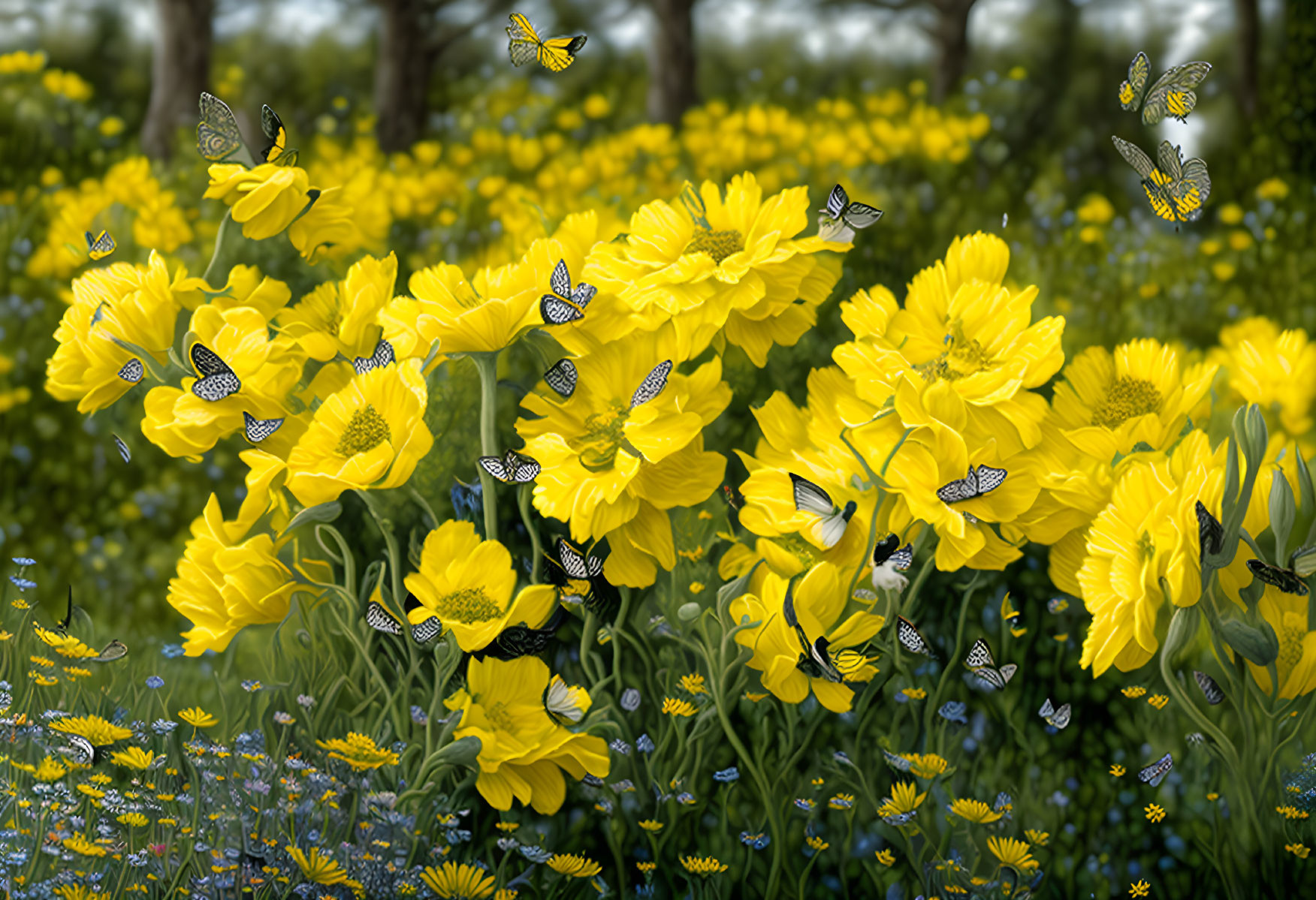 Field of Yellow Flowers with Butterflies and Greenery