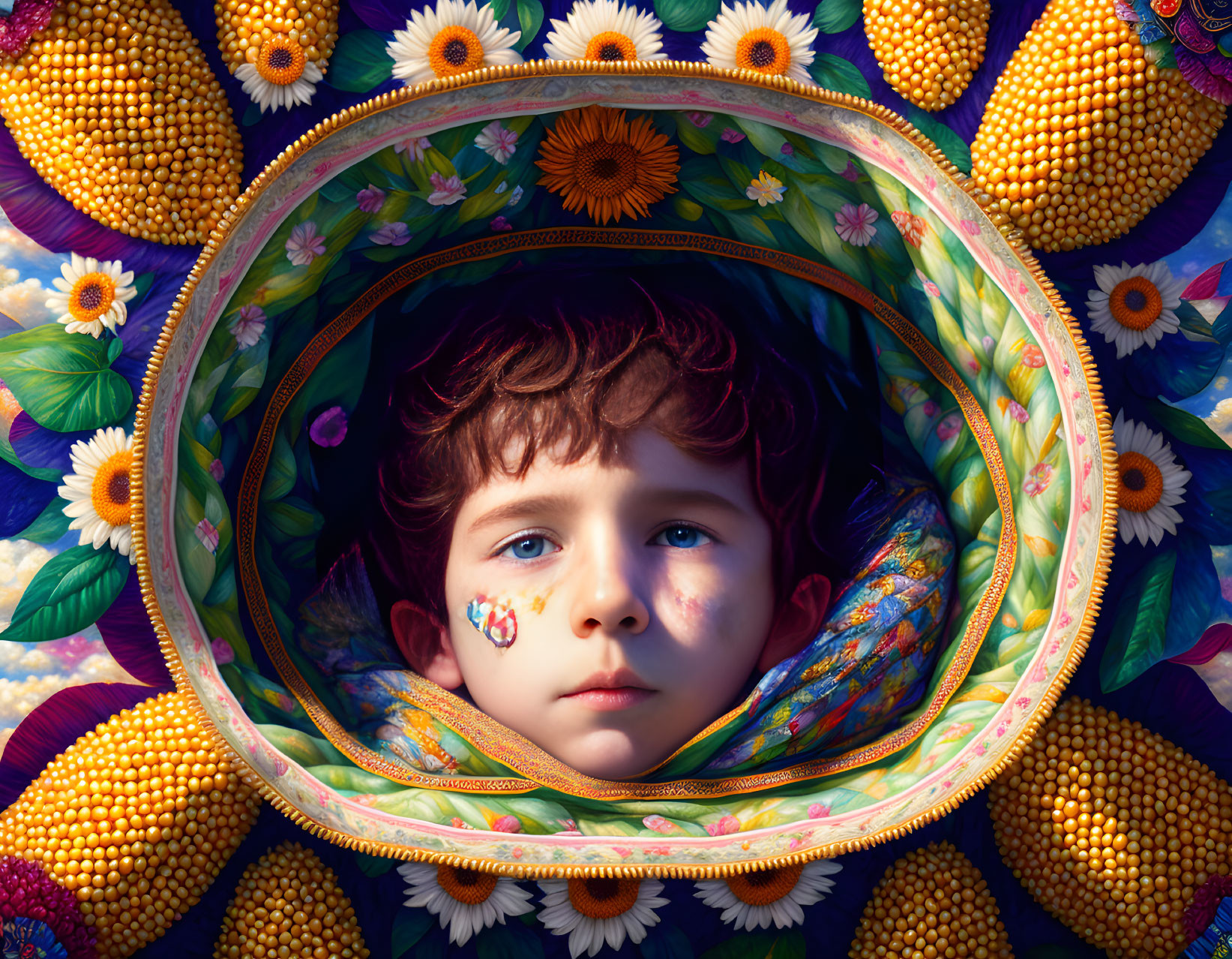 Child's Face in Oval Frame Surrounded by Corn Cobs and Sunflowers