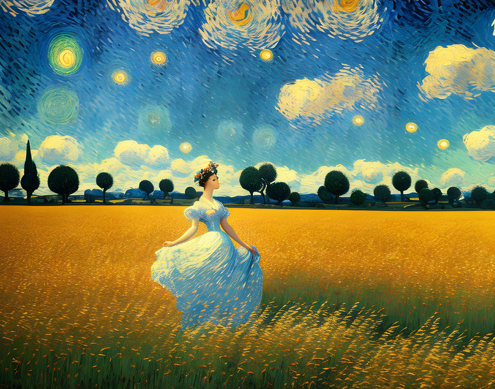 Woman in blue dress under starry sky in wheat field