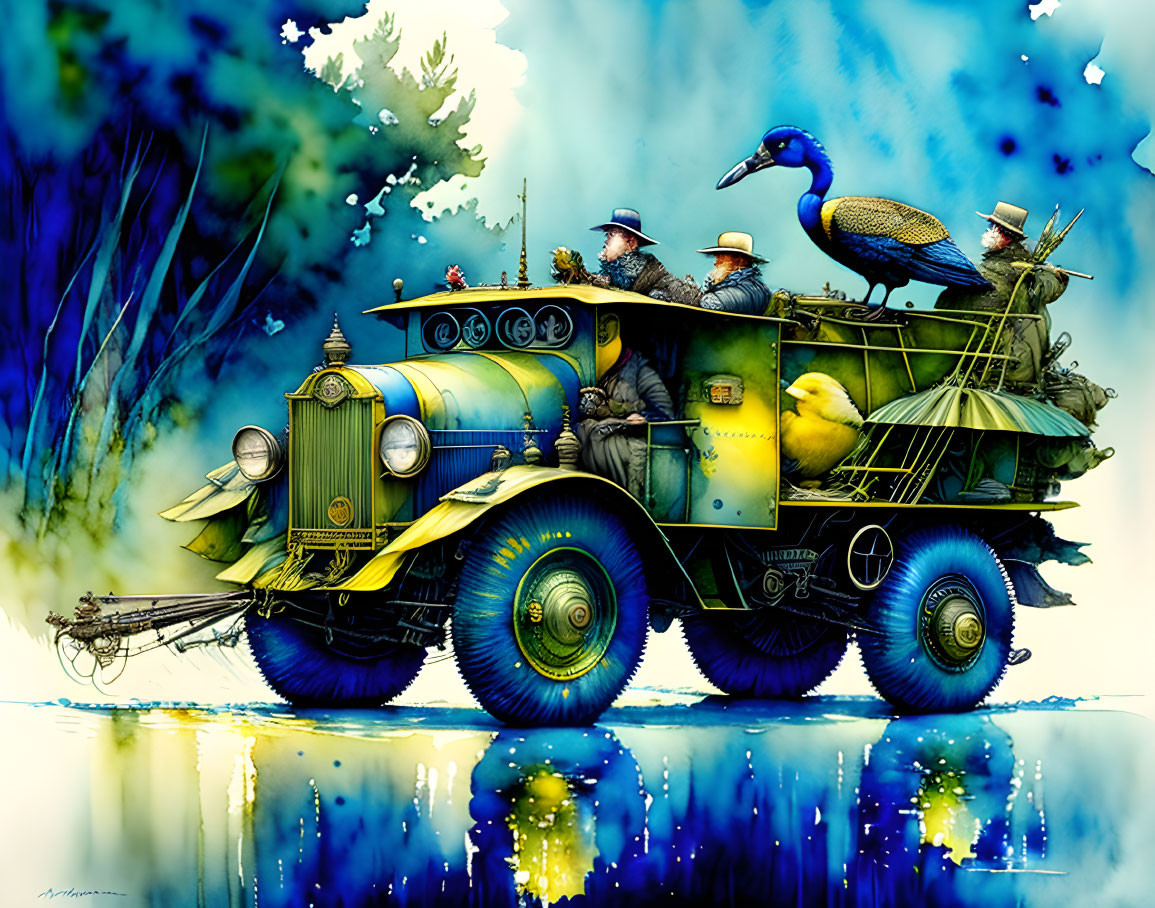 Animals on vintage car with peacock, foliage, and surreal landscape.