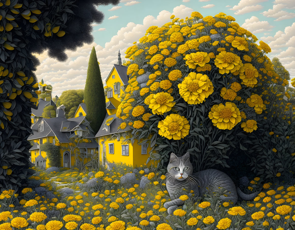 Grey Cat Surrounded by Yellow Marigolds and Houses under Fluffy Clouds