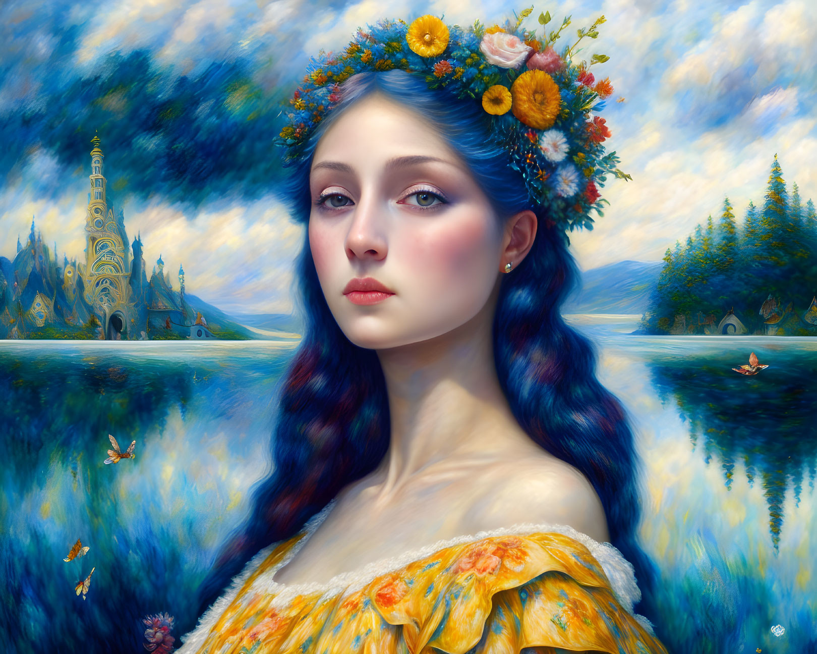 Woman with Floral Crown and Blue Hair in Front of Fantasy Castle and Lake