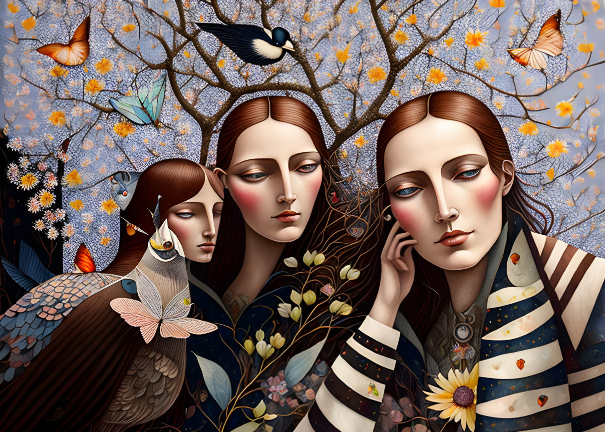 Stylized women with serene expressions in nature setting