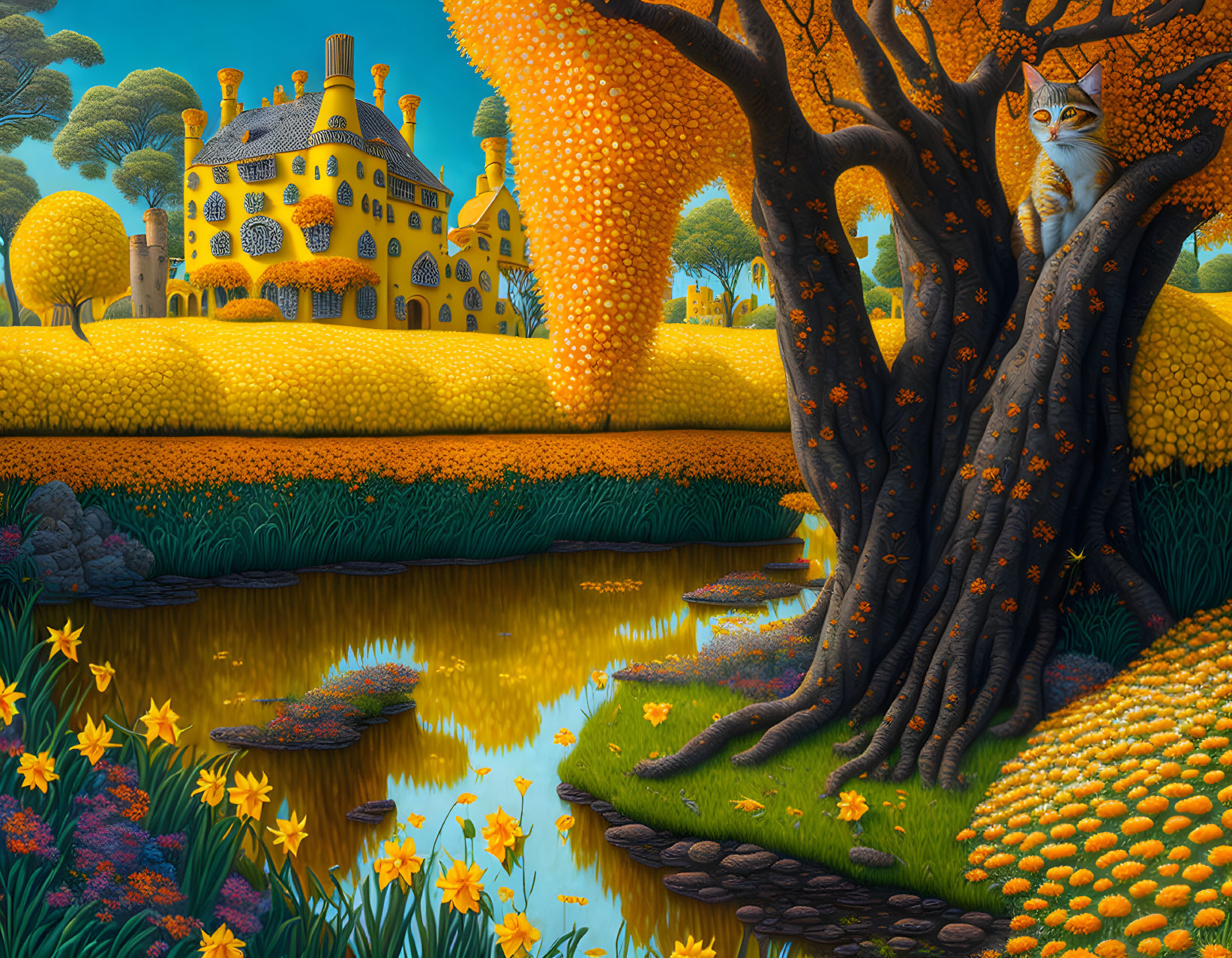 Colorful Whimsical Landscape with Yellow House, Tree, Cat, Pond & Flowers