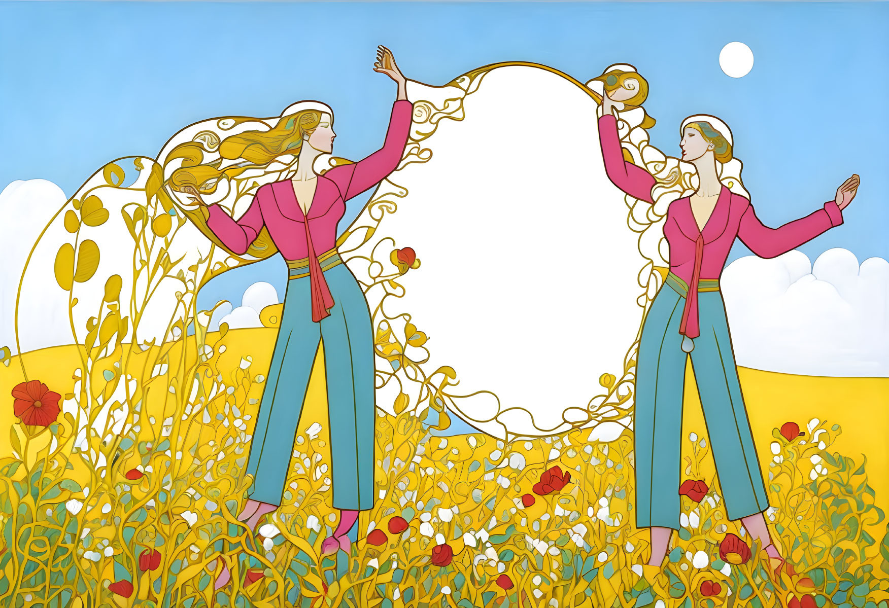 Stylized elongated female figures in flowery field under blue sky